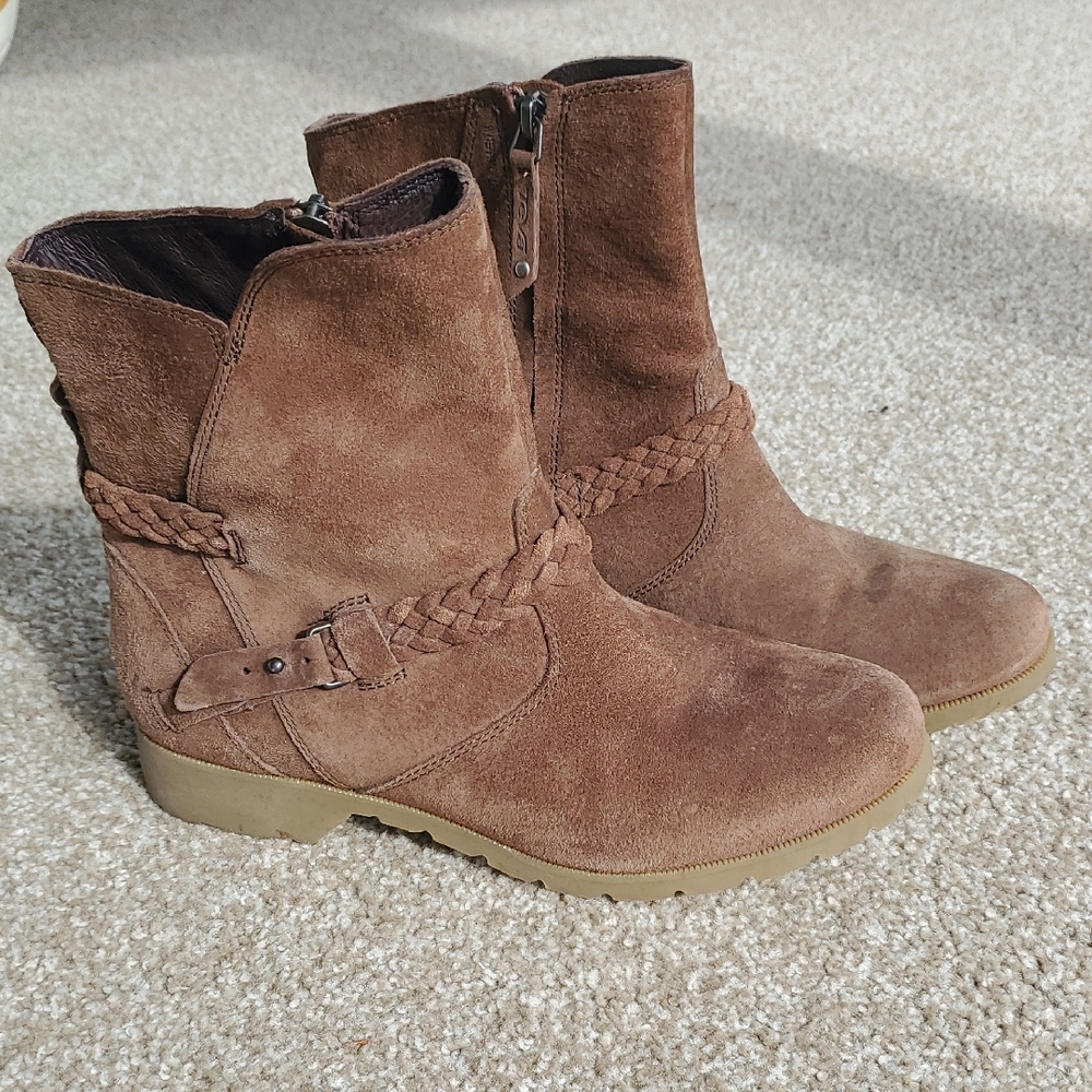 Teva Brown Suede Ankle Boots with Braided Strap, Size 8.5